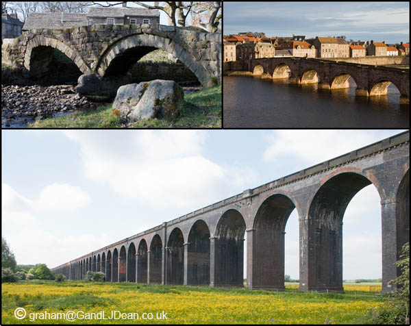 Top left: packhorse bridge, Wycoller, Lancashire.
Top right: Berwick Bridge, Berwick upon Tweed, Northumbria.
Bottom:  Welland Viaduct, Northamptonshire. This is the longest masonry viaduct in Britain.
